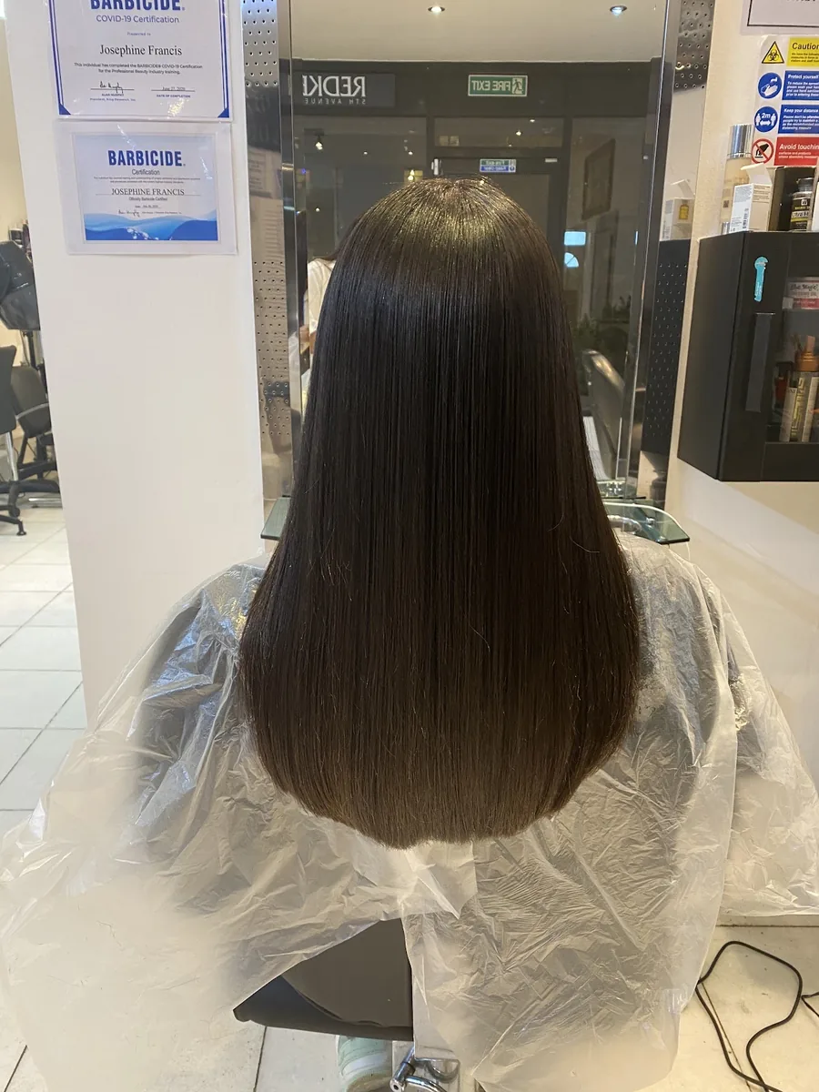 A client in the salon with long, glossy, freshly blow-dried dark brown hair