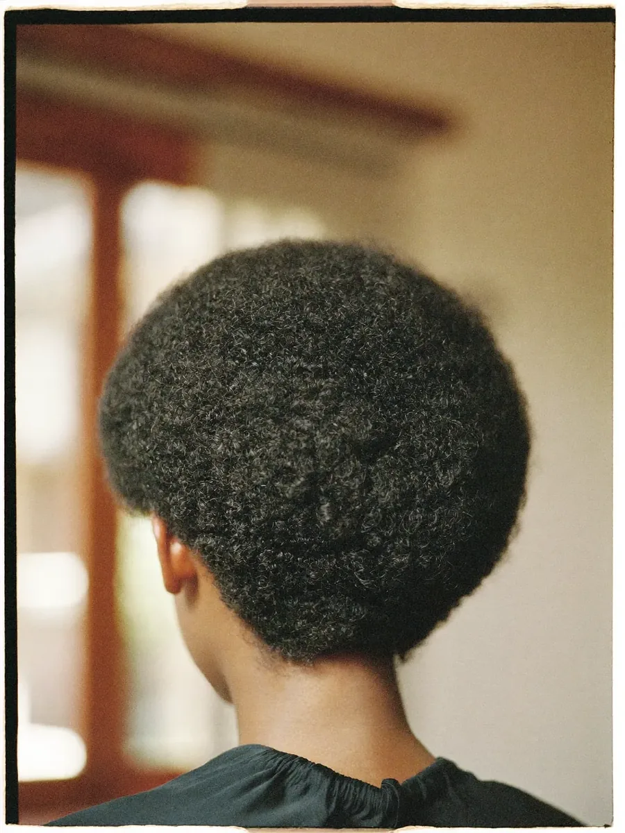 A shaped, conditioned afro seen from behind