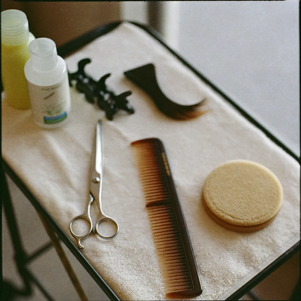 Scissors, clips, comb and brush on a salon trolley