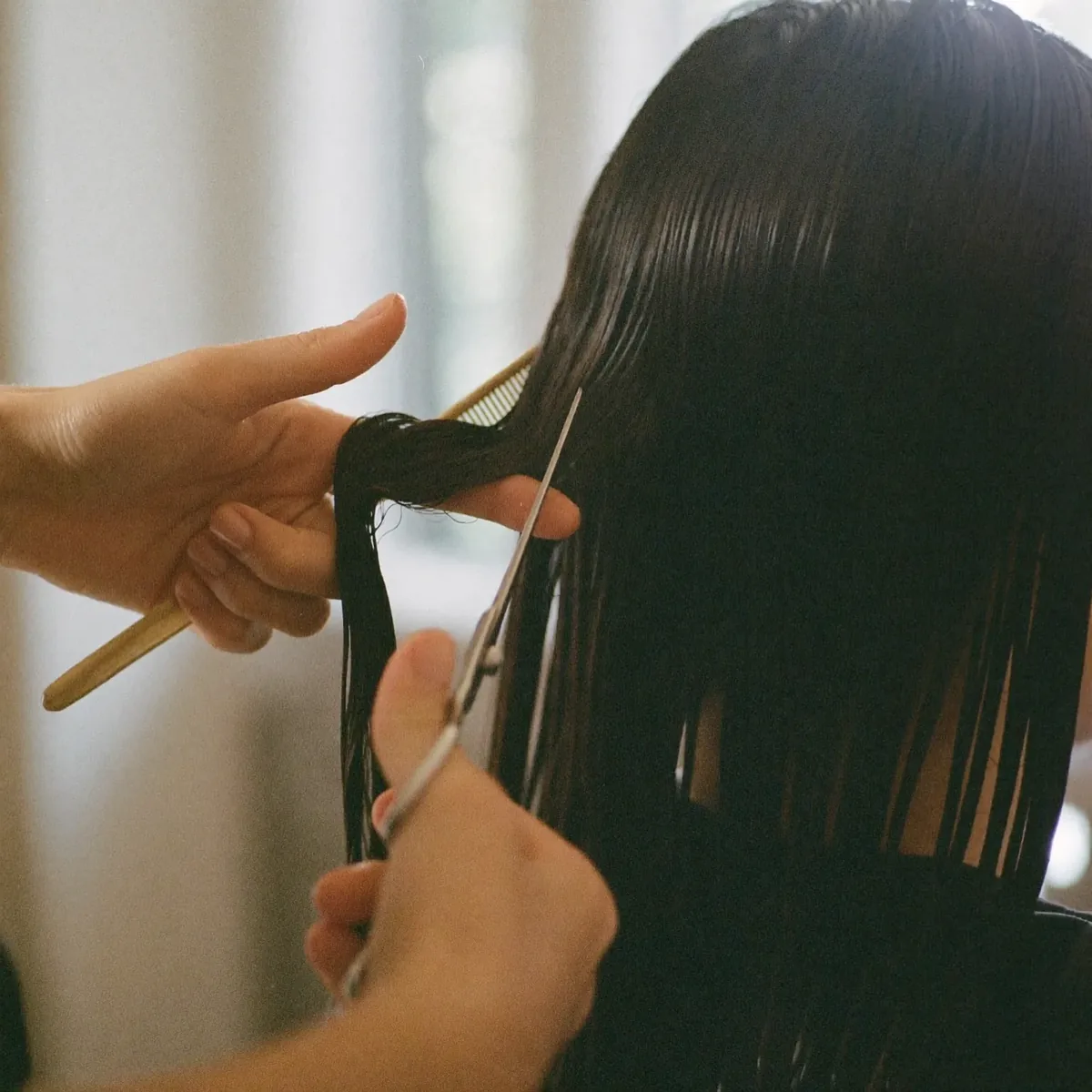 A stylist's hands trimming the ends of a section of hair